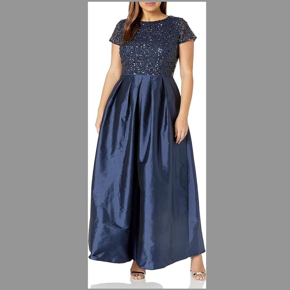 NWOT Adrianna Papell Navy Blue Taffeta Gown with Beaded Bodice Size 14